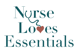 Nurse Loves Essentials Logo contains Nurse with a stethoscope forming the U in Nurse and a heart as the V in Loves followed by Essentials.